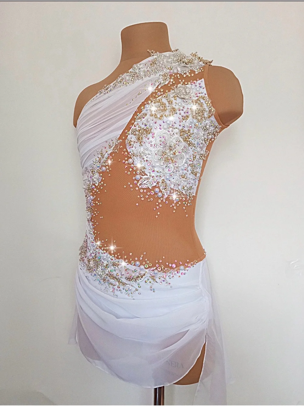 White and Nude Rhinestone Embellished One-Shoulder Lyrical/Contemporary Costume